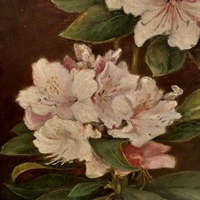 rhododendron blomster på gren gammelt oliemaleri i guldramme T eller J. W.